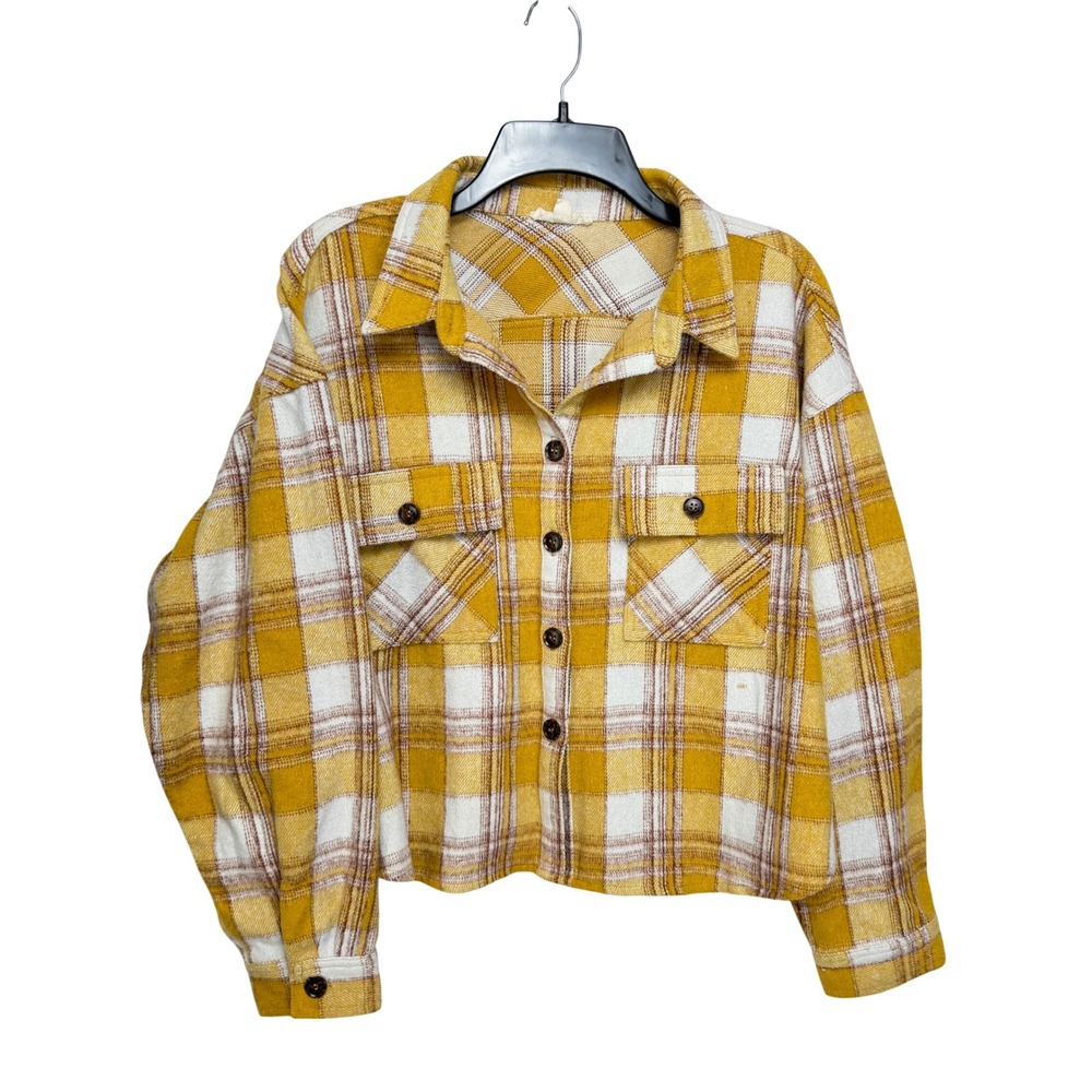 Easel Los Angeles Women Jacket L Yellow Plaid Button Up Cropped Shacket - Picture 1 of 10